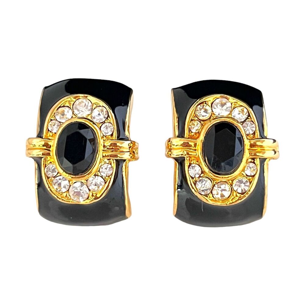 Vintage 1980s Black Enamel Half Hoop Earrings Gold Tone Crystal - 2G